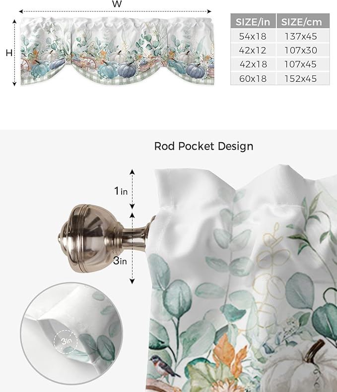 Fall Thanksgiving Blackout Tie Up Valance Curtains for Kitchen Windows Navy Blue Pumpkins Green Eucalyptus Leaves Window Toppers Balloon Shades for Living Room/Bathroom/Bedroom,54" X 18",Sage Plaid