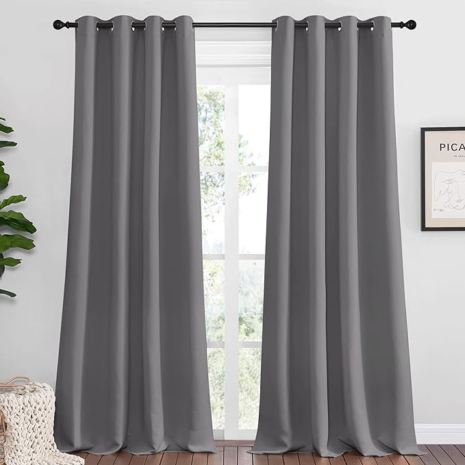 NICETOWN Bedroom Blackout Curtains Panels, 1 Pair, 55 inches by 102 Inch, Grey, Triple Weave Energy Saving Thermal Insulated Solid Grommet Blackout Draperies for Patio