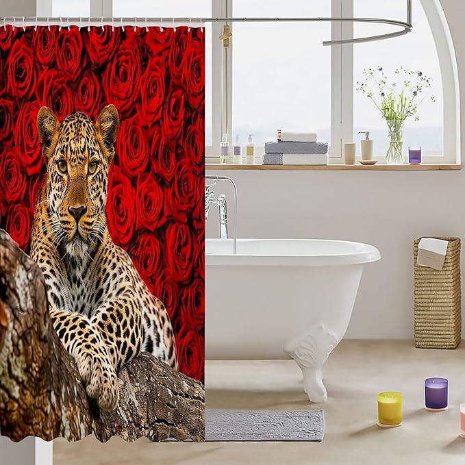 Feelyou Kids Leopard Bathroom Shower Curtain Set Leopard Shower Curtain Flower Leopard Bath Curtain for Kids Boys Girls Wild Leopard Kids Bathroom AccessoriesWild Animal 72"x72"