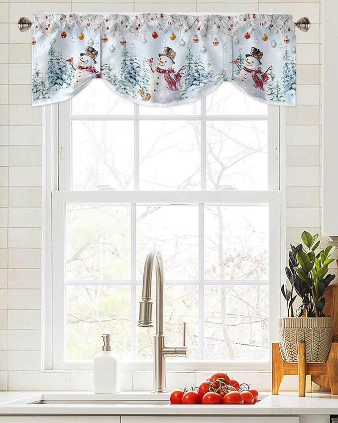 Snowman Blackout Tie Up Valance Curtains for Kitchen Windows Blue Merry Christmas Tree Red Balls Squirrel Window Toppers Balloon Shades for Living Room/Bathroom/Bedroom,1 Panel, 60" X 18", Winter