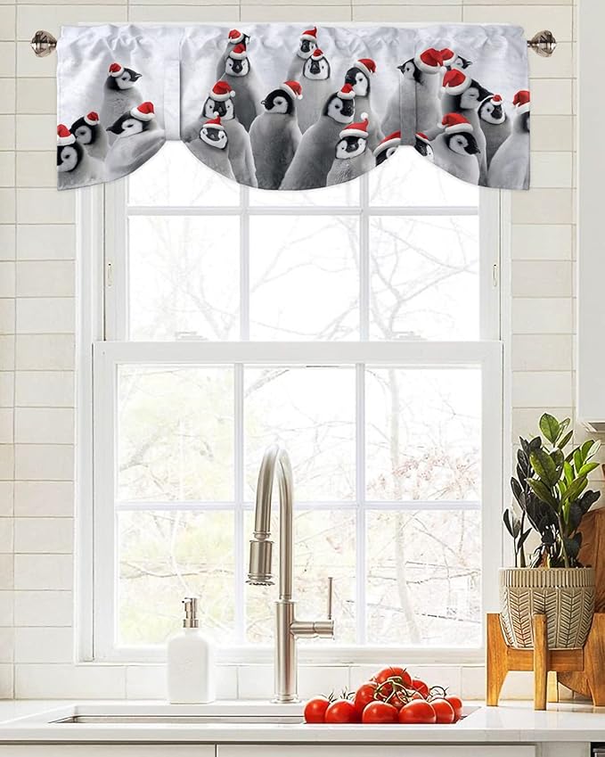 Funny Penguin with Christmas Hat Blackout Tie Up Valance Curtains for Kitchen Windows Winter Holidays Window Toppers Balloon Shades for Living Room/Bathroom/Bedroom,1 Panel,54" X 18"