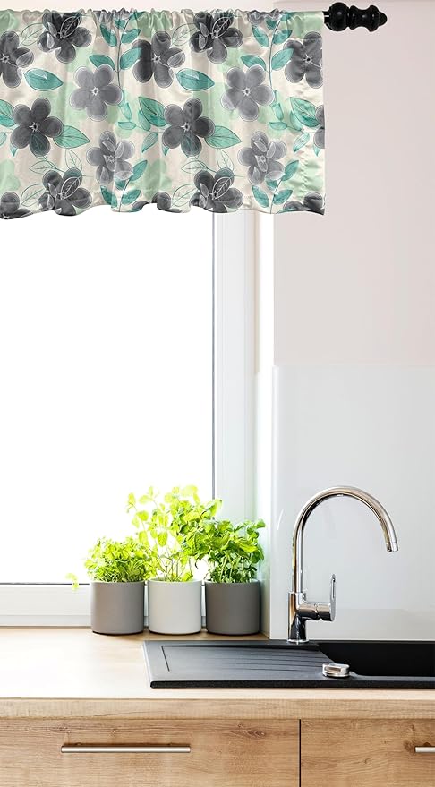 Ambesonne Floral Window Valance, Abstract Nostalgia Pattern with Retro Blooms and Leaves Romantic, Curtain Valance for Kitchen Bedroom Decor with Rod Pocket, 42" x 18", Charcoal Grey Mint Green