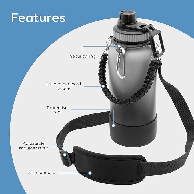 BOZ Water Bottle Strap Kit - Paracord Handle, Water Bottle Boot, Adjustable Water Bottle Shoulder Strap - Water Bottle Straps for Carrying, Water Bottle Handle Strap for 32oz Bottles