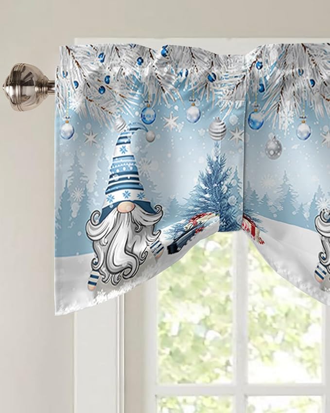 Christmas Gnome Blackout Tie Up Valance Curtains for Kitchen Windows Winter Merry Christmas Tree Balls Window Toppers Balloon Shades for Living Room/Bathroom/Bedroom,1 Panel, 60" X 18", Blue