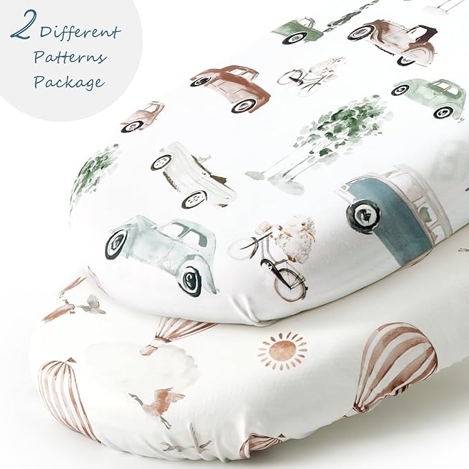 GRSSDER Stretchy Ultra Soft Fitted Bassinet Sheet Set 2 Pack, Universal Fitted for Bassinets Baby Cradle Moses Basket Oval Rectangle Mattress Safe and Snug, Neutral Pattern of Cars Print
