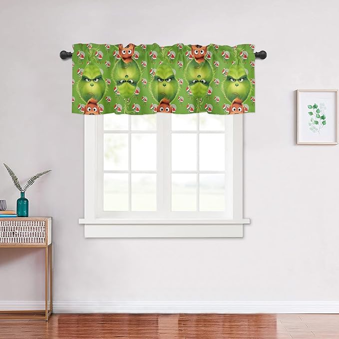 Green Monster Christmas Window Valance for Kitchen Living Room Merry Grinchmas Window Curtain for Bedroom Grin-ch Window Valance Rod Pocket Window Treatment Christmas Decors, 54" W x 18" L