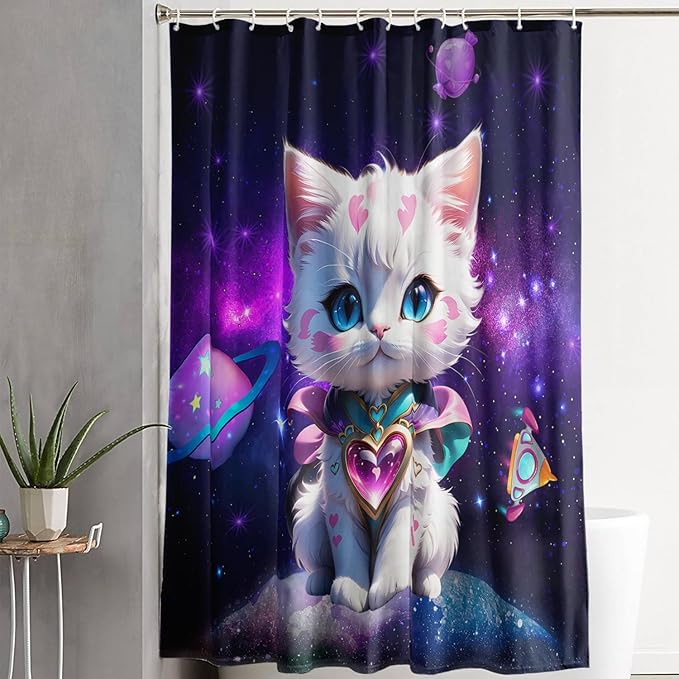 AILONEN Cartoon Cat Shower Curtain Set for Kids Boys Girls, Kawaii Love Kitten Shower Curtain for Bathroom,Galaxy Planet Washable Fabric Shower Curtain with Hooks,36" W*72" H