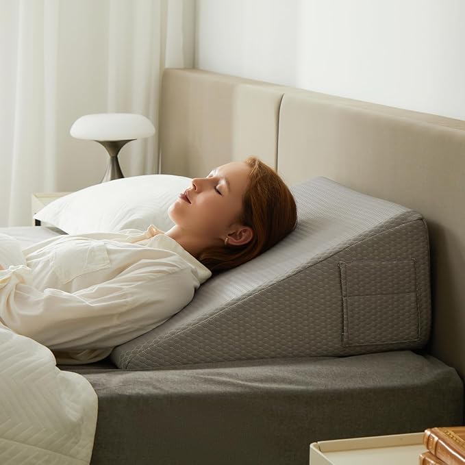 Wedge Pillow for Sleeping, 10 inch Elevated Support Bed Wedge Pillow, Breathable Triangle Pillow Wedge with Cooling Memory Foam Top - Removable Washable Cover, Grey