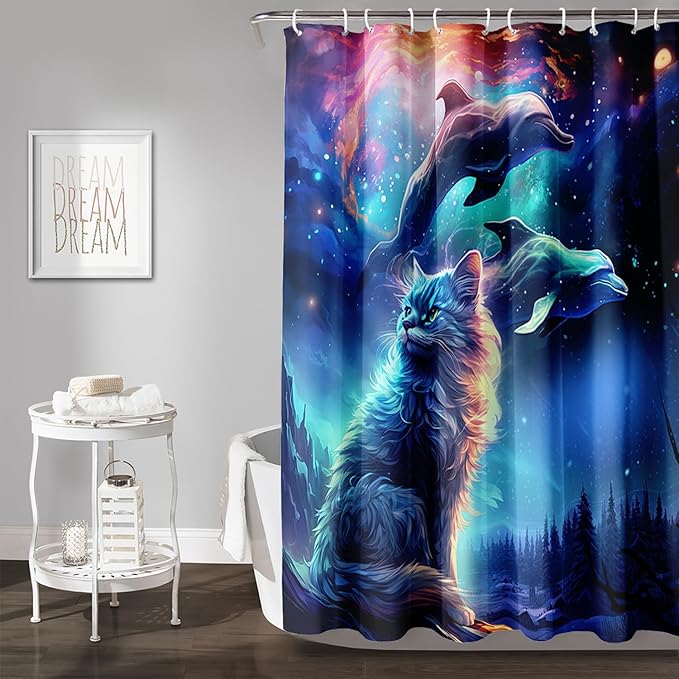 AILONEN 3D Kawaii Cat Shower Curtain Set,Cat Lovers Animal Waterproof Fabric Bath Curtain for Kids Girls,Jumping Dolphin Shower Curtain,Starry Night Shower Curtains for Bathroom Decor, 72" W*96" H