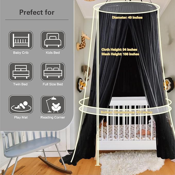 40"x 106" Bed Canopy for Girls & Adults, Double Layer Princess Round Dome Bed Curtain Canopy Drapes, Dreamy Mosquito Net Reading Nook, Bedroom Decoration (Black)