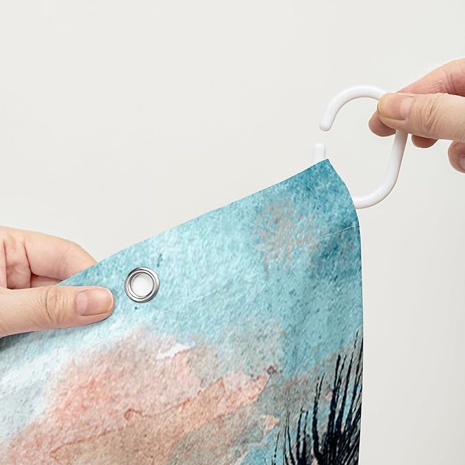 AILONEN Beach Shower Curtain,Retro Afterglow Bathroom Shower Curtain Sets for Girls Boys Teens Women, 72" W*72" H Sunset Coconut Tree Theme Bathroom Decors