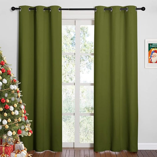 NICETOWN Holiday Christmas Decor Thermal Insulated Solid Grommet Blackout Curtains/Drape for Living Room (1 Pair, 42 by 84 inches, Olive Green)