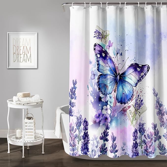 AILONEN Beautiful Butterfly Shower Curtain Bathroom 72" W*72" H Purple Butterfly Curtain Cloth Fabric Bathroom for Girls Kids,Deep Color Shower Curtain Set