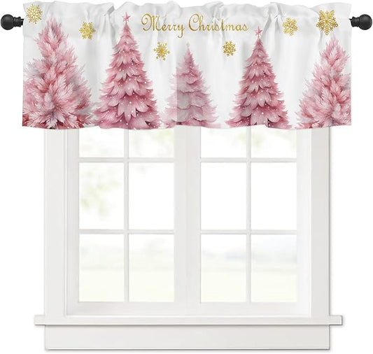 Pink Xmas Tree Window Valance for Bedroom Living Room, Gold Snowflake Christmas Window Curtain for Kitchen Bathroom, Pink Christmas Window Valance Rod Pocket Window Treatment, 54" W x 18" L