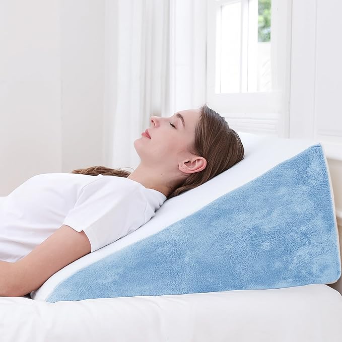 Sasttie Wedge Pillow for Sleep Apnea, 12 Inch Memory Foam Bed Wedge Pillow for Acid Reflux Relief, 30 Degree Triangle Incline Pillow Wedge for Sleeping with Removable Cover, Sky Blue