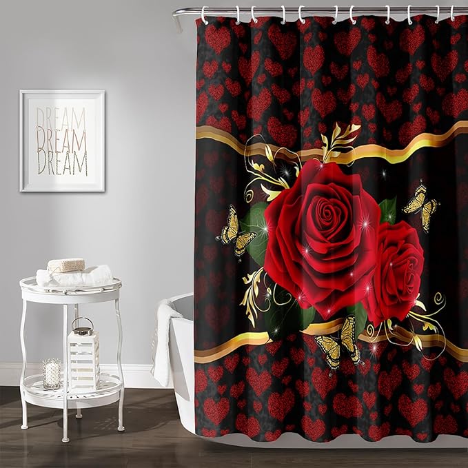 AILONEN Red Rose Shower Curtain for Bathroom, Romantic Flower Rose 3D Printed Valentine Wedding Bathroom Decor Hearts Curtain,36" W*72" H Polyester Waterproof Bath Curtain with 12 Hooks