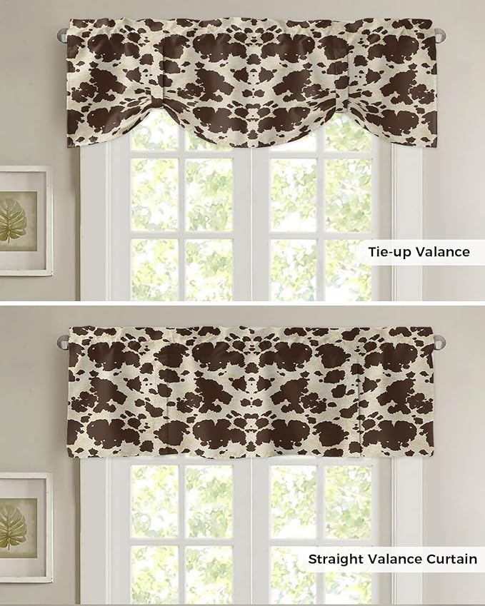Brown Cowhide Cow Print Blackout Tie Up Valance Curtains for Kitchen Windows Graffie Window Toppers Balloon Shades for Living Room/Bathroom/Bedroom,1 Panel,42" X 12"