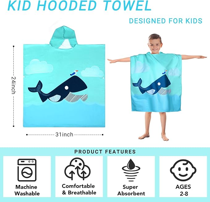 Kids Whale Hooded Beach Towel Boys Girls Cute Poncho Beach Pool Towels with Hood 24*62" Soft Microfiber Swim Cover-ups for Kids Ages 3-10 Thick Absorbent Cotton Hooded Bath Towels Bathrobe