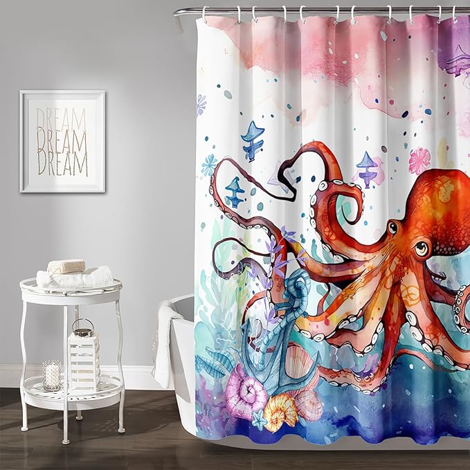 AILONEN Lovely Octopuses Shower Curtain Set, Red Cartoon Octopus Waterproof Fabric Shower Curtain for Bathroom,Watercolor Nautical Anchor Theme Cloth Bath Curtain with Hooks,72" Wx84 H
