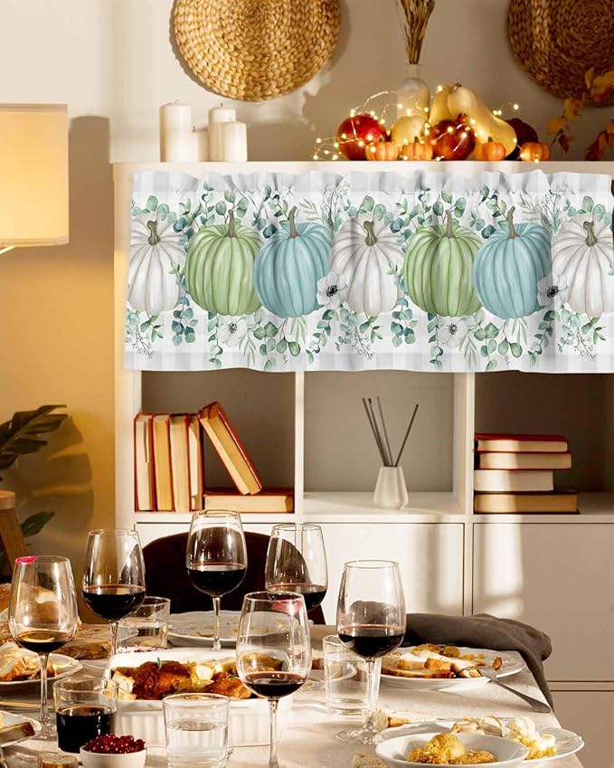 Fall Thanksgiving Kitchen Curtains Valances for Windows Autumn Pumpkins Eucalyptus Leaves Rod Pocket Window Treatment for Kitchen /Living Room/Bedroom/ Bathroom, 42" X 12", White Blue Green Gray Plaid