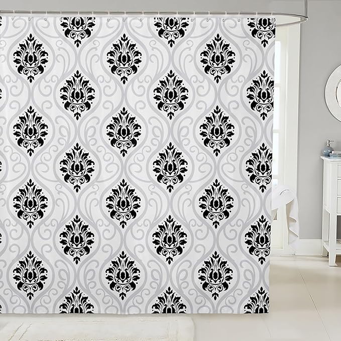 Feelyou Damask Pattern Shower Curtain 72"x84" Kids Vintage Floral Bathroom Shower Curtain Set for Boys Girls Teens Antique Victorian Baroque Bath Curtain Black White Baroque Style Bathroom Accessories