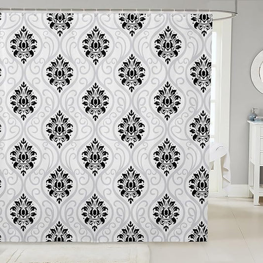 Feelyou Damask Pattern Shower Curtain 72"x72" Kids Vintage Floral Bathroom Shower Curtain Set for Boys Girls Teens Antique Victorian Baroque Bath Curtain Black White Baroque Style Bathroom Accessories
