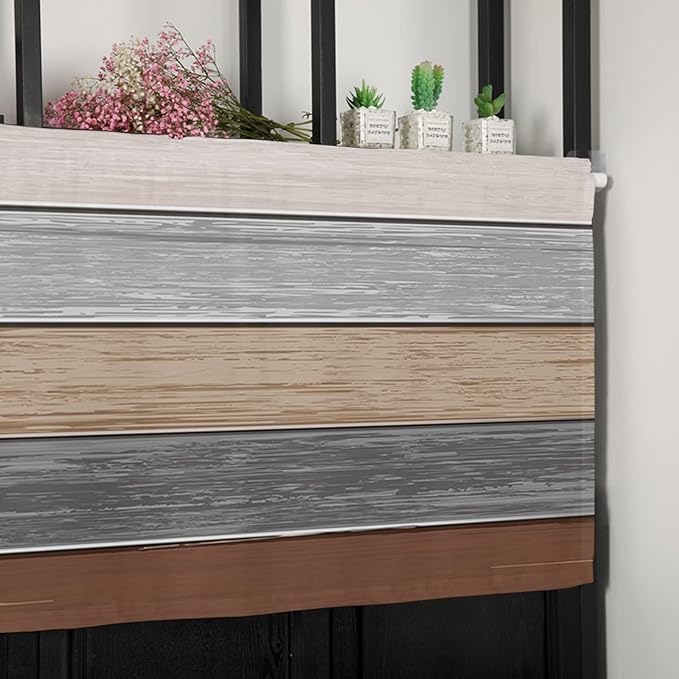 Farmhouse Fall Kitchen Curtains Valances for Windows , Brown Grey Rod Pocket Country Window Treatment for Kitchen /Living Room/Bedroom/ Bathroom,54" X 18" -1 Panel, Retro Rustic Barn Wood Texture