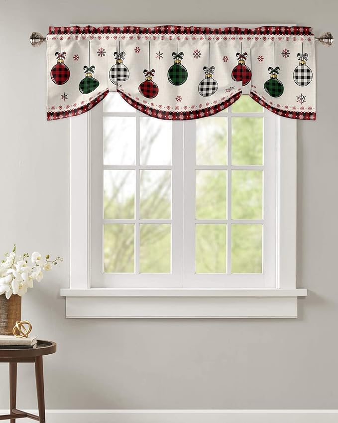 Christmas Blackout Tie Up Valance Curtains for Kitchen Windows Vintage Buffalo Plaid Christmas Balls Window Toppers Balloon Shades for Living Room/Bathroom/Bedroom,1 Panel,42" X 18" Farmhouse