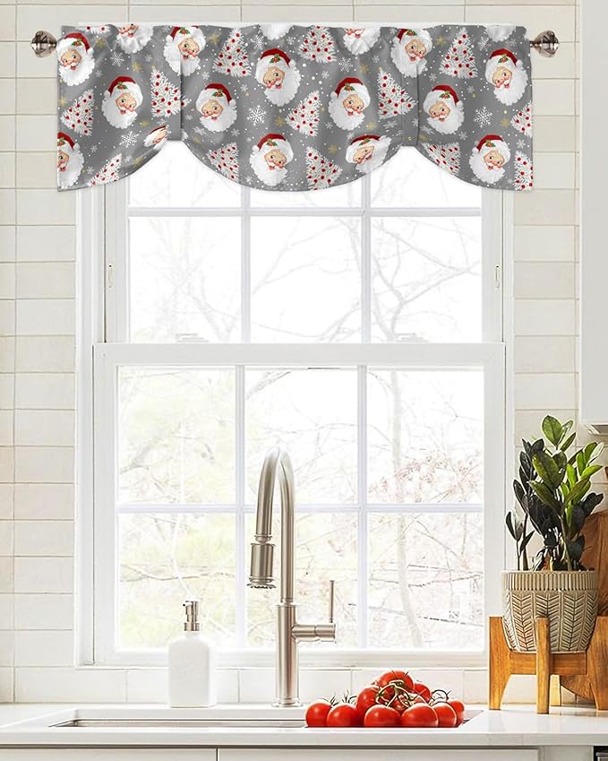 Grey Christmas Blackout Tie Up Valance Curtains for Kitchen Windows Santa Claus Merry Christmas Tree Window Toppers Balloon Shades for Living Room/Bathroom/Bedroom,1 Panel, 60" X 18", Winter Snowflake