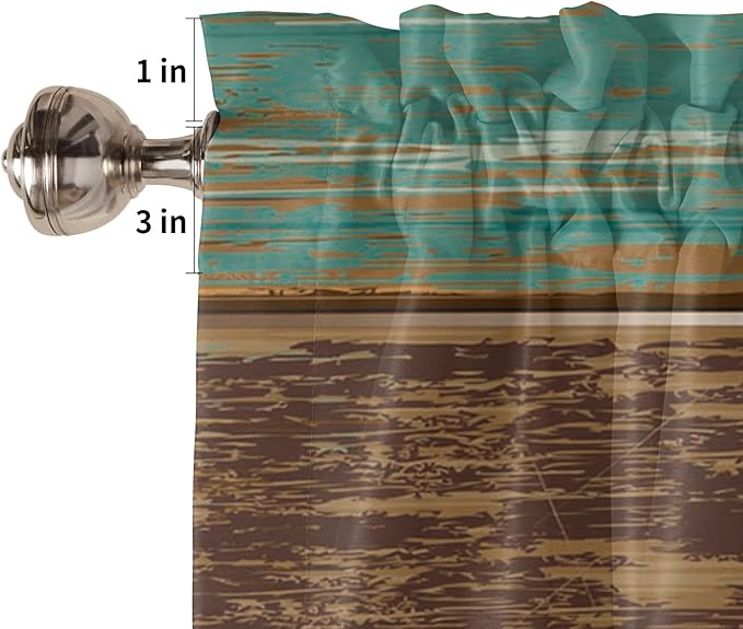 Rustic Farmhouse Valances Curtains for Kitchen Windows, Retro Wood Rod Pocket Curtain Toppers Teal Green Brown Country Short Curtains Treatments for Bedroom/Living Room/Bathroom,54" X 18"-1 Panel