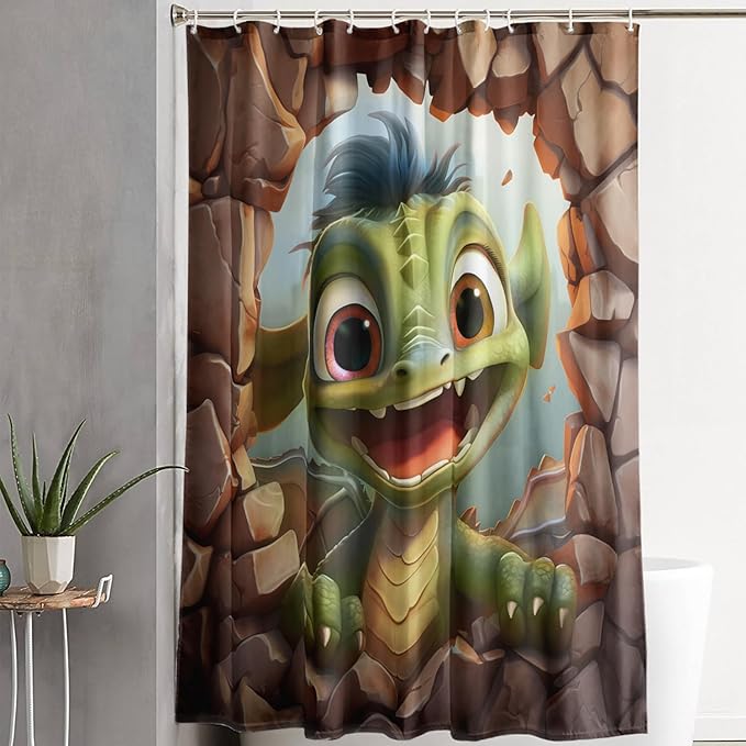 AILONEN Cartoon Dinosaur Shower Curtain for Kids,Funny Green Dinosaur Shower Curtain for Bathroom,Girls,Cute Animal Shower Curtain Set with Hooks,72" W*78" H