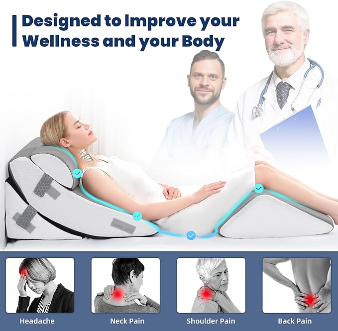 BDEUS 4PCS 23.6 Inch Wide Orthopedic Bed Wedge Pillow Set, Memory Foam Adjustable Wedge Pillow Post Surgery for Back, Neck and Leg Pain Relief-Acid Reflux and GERD for Sleeping, with Travel Bag