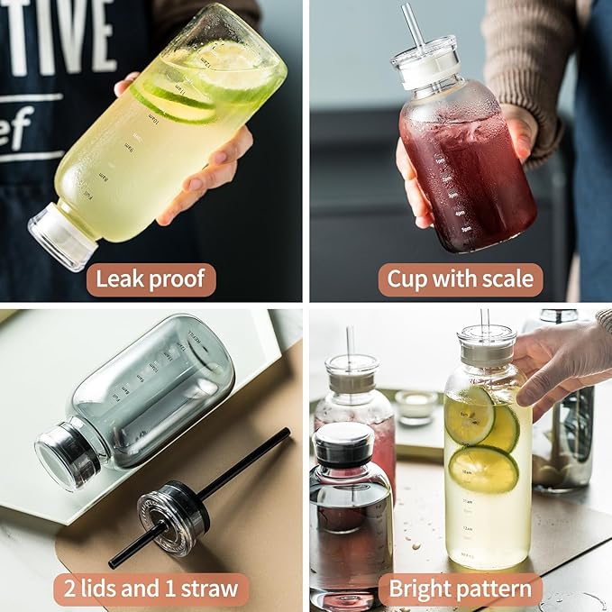 Glass water bottle With Time Marker -24oz with 2 caps and straw,Reusable Glass Drinking Bottles，Suitable For Drinks, Juices, Sodas, Coke, As Gifts Etc (Smoky 24oz)