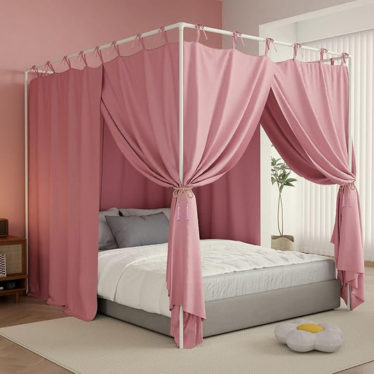 Pink Canopy Bed Curtains - 4 Corner Post Bed Curtains King Size Lightproof Drapes Bed Canopy with Top Ties and Tie Backs for Adults & Girls Bedroom Decoration(Pink,King)