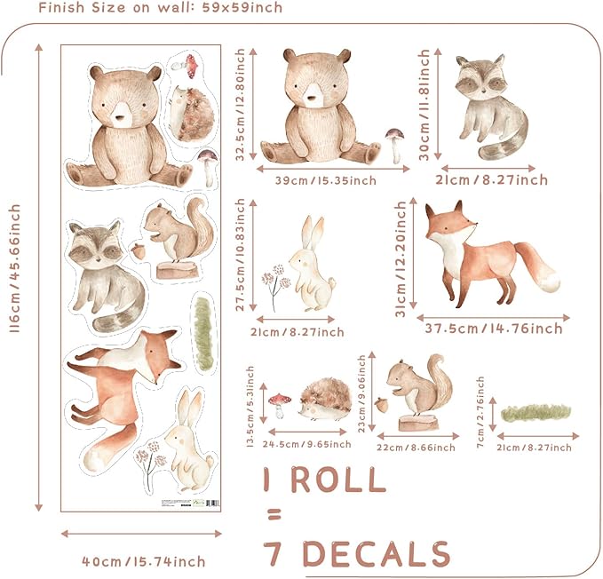 Removable Animals Wall Decals, Fox, Bear, Rabbit, Racoon, Animals Wall Baby Room Stickers, Animal Stickers for Nursery Kids, Bedroom, Playroom, Bathroom Decor