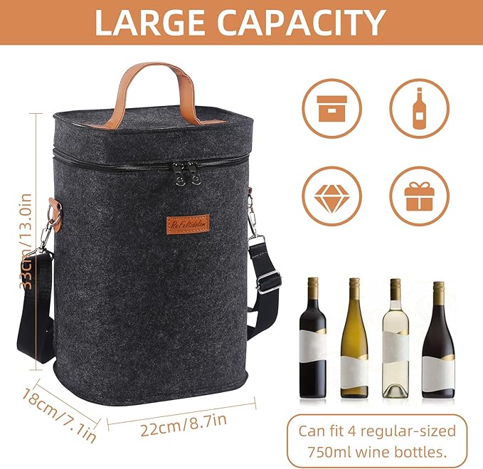 4 Bottle Carrier Tote, Thicken Felt Wine Carrier Padded Portable Wine Bottle Bag with Leather Handles & Shoulder Strap for Party, Picnic, Travel, BYOB (Dark Grey)