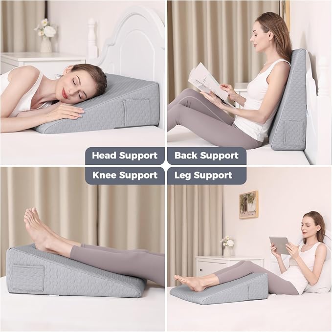 Bed Wedge Pillow for Sleeping 7.5" Memory Foam Wedge Pillow for After Surgery Triangle Pillow Wedge for Acid Reflux Snoring Heartburn GERD Back Support Leg Elevation, Removable Washable Cover - Gray