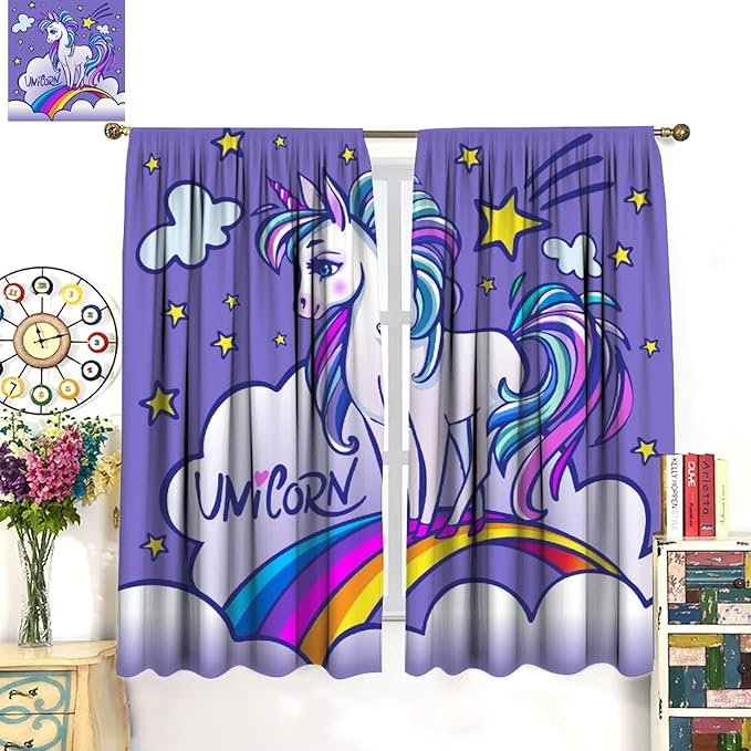 Kids Unicorn Curtains Purple Cartoon Rainbow Cartoon Room Blackout Curtains Boys Girls Baby Room Decor Curtains Living Room Decor 63x72 Inch 2 Panels