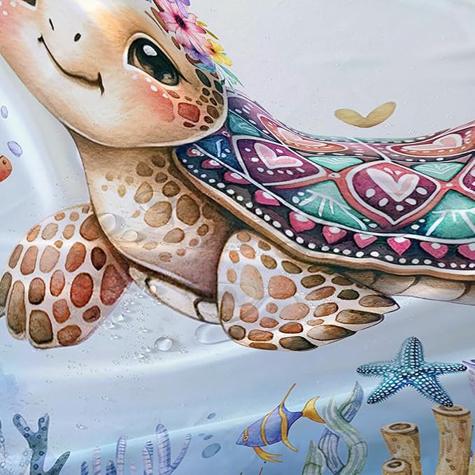 AILONEN Cartoon Sea Turtle Shower Curtain,Kawaii Ocean Sea Turtle Bath Curtain Set for Kids Girls,Ocean Flowers Bathroom Curtains,Watercolor Blue Shower Curtains for Bathroom, 72" W*96" H