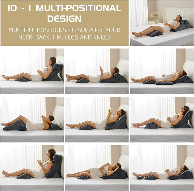 Qirroboni 4PCS Orthopedic Bed Wedge Pillow Set, Adjustable Pillows for Neck, Back and Leg Pain Relief Comfortable & Post Surgery Foam - Heartburn, Anti Snoring, Acid Reflux & GERD Sleeping Grey