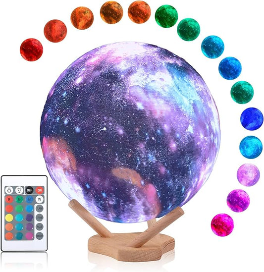 Moon Lamp Galaxy Lamp 7 Inch 16 Colors LED Night Light 3D Printing Moon Light Wooden Stand & Remote Control Touch Tap Controller for Girls Boys Kids Women Birthday