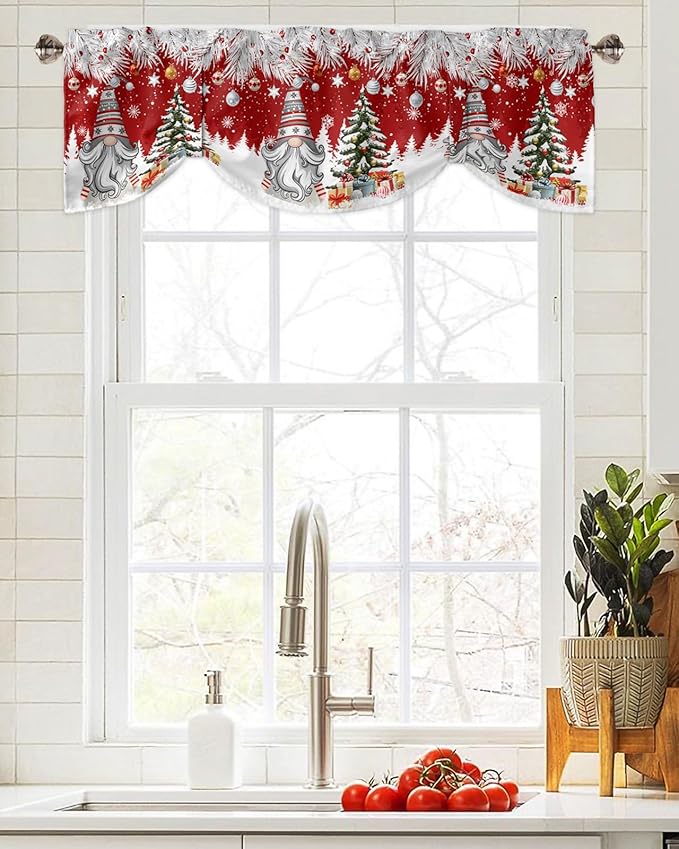 Christmas Gnome Blackout Tie Up Valance Curtains for Kitchen Windows Winter Merry Christmas Tree Balls Window Toppers Balloon Shades for Living Room/Bathroom/Bedroom,1 Panel, 54" X 18", Red