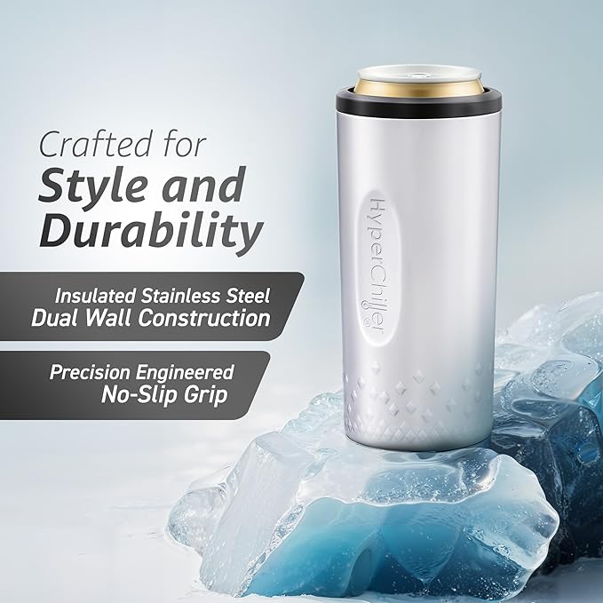 NEW HyperChiller SLIM HBC100SS, Dual Wall Vacuum Insulated, Slim Can Cooler, Beer, Soda, Energy Drinks, Seltzer, Wine Cooler, Fits All Standard 12 OZ Slim Cans, Cup Holder Friendly, Stainless Steel
