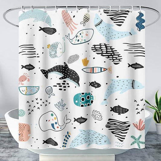 AILONEN Cute Cartoon Dolphin Shower Curtain,Kawaii Ocean Animal Dolphin Bath Curtain Set for Kids Girls Boys,Blue Dolphin Silhouette Fabric Shower Curtains for Bathroom, 60" W*72" H