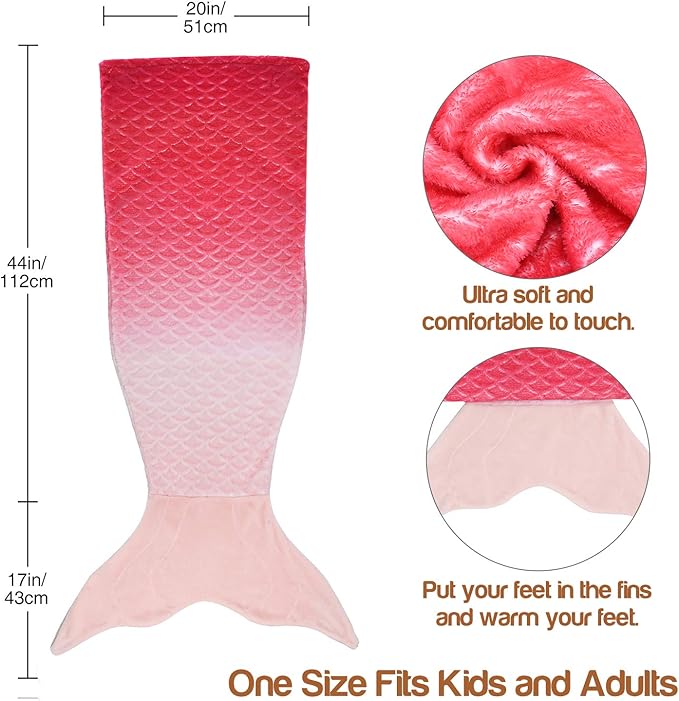 Catalonia Kids Mermaid Tail Blanket, Super Soft Plush Flannel Sleeping Snuggle Blanket for Girls, Rainbow Ombre, Fish Scale Pattern, Gift Idea