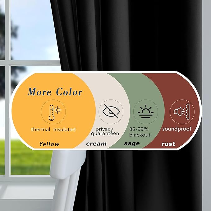 Mrs.Naturall Black Curtains 42x54 Inch Length for Living Room 2 Panels Blackout Room Darkening Curtain for Bedroom