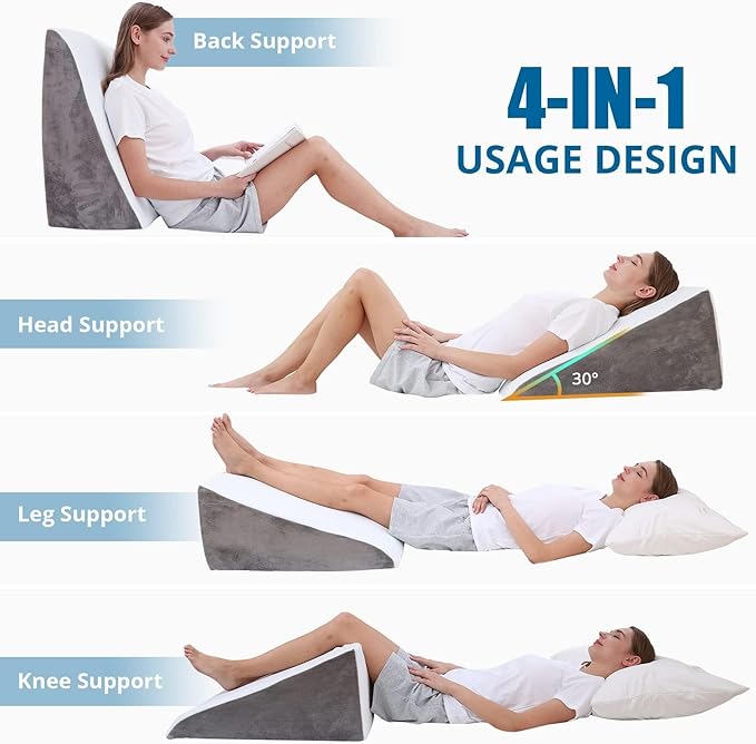 Sasttie Wedge Pillow for Sleep Apnea, 12 Inch Memory Foam Bed Wedge Pillow for Acid Reflux Relief, 30 Degree Triangle Incline Pillow Wedge for Sleeping with Removable Cover, Cool Grey