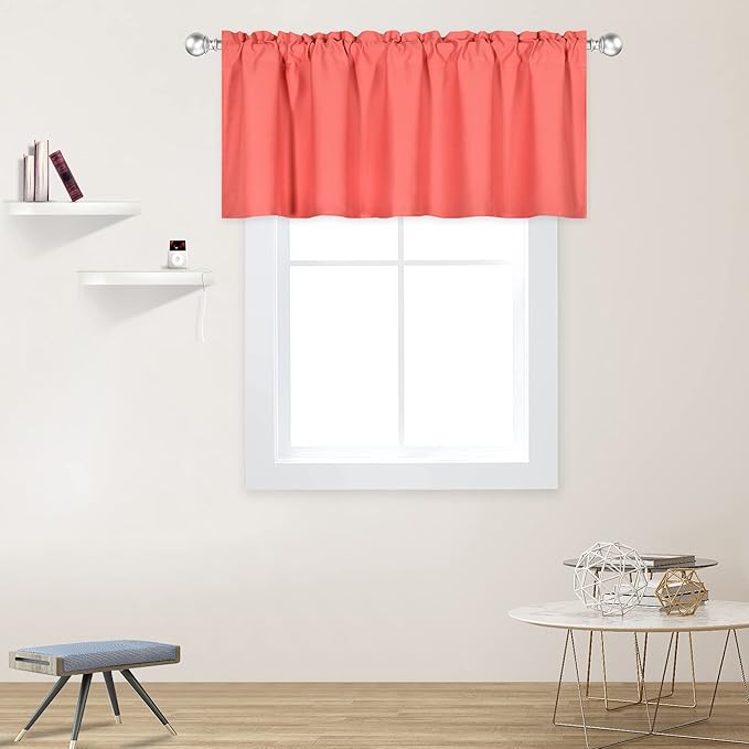 Coral Valance for Windows 52x18 Inch Solid Thermal Insulated Blackout Rod Pocket Kitchen Short Curtain Toppers Valance for Bathroom Living Room 1 Panel