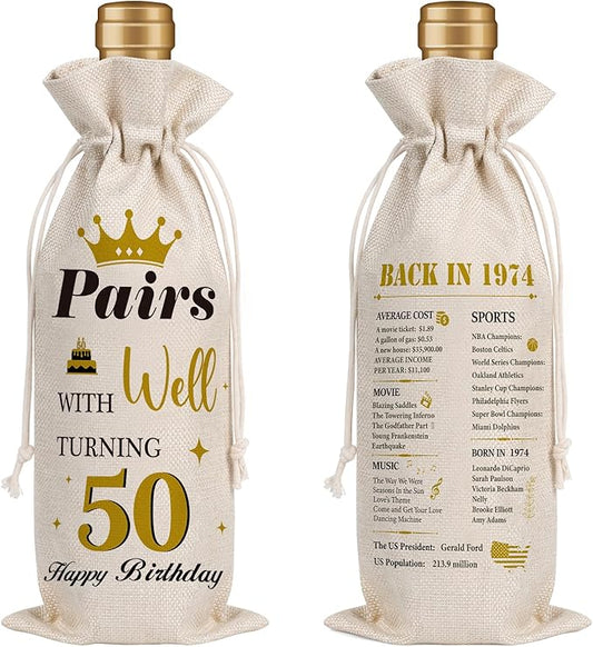 Wxiben 50th Birthday Wine Bags - 1pcs 1974 Wine Gifts for Women Men 50 Year Old Burlap Wine Gift Bag Over the Hill 50th Birthday Party Decorations for Mom Dad Grandma Coworker Birthday Gift