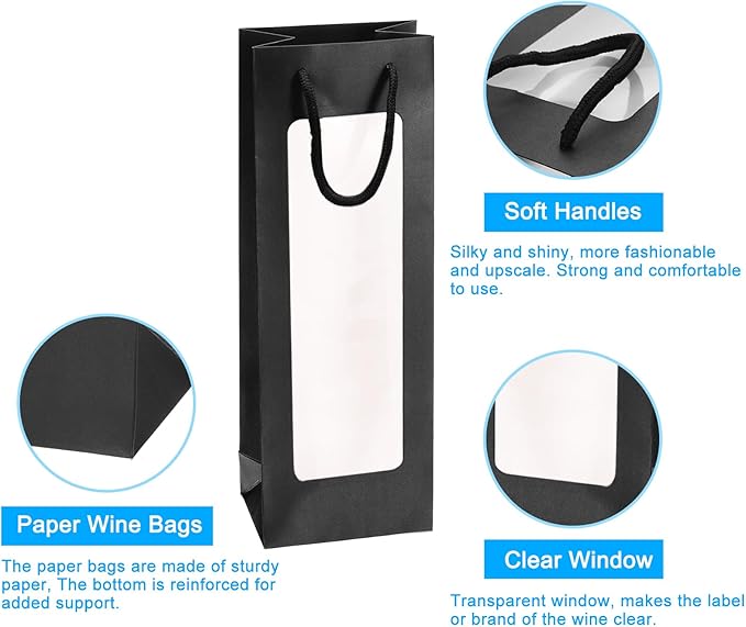 uxcell Wine Bags, 12pcs 4.92"x3.35"x14.2" Wine Gift Bags with Rope Handles, Paper Wine Tote Bag with Clear Window for Wedding Birthday Christmas Party Supplies, Black